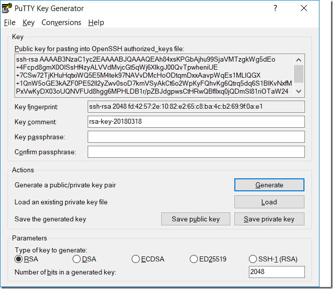 Generate key pair with PuTTYgen